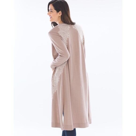 Soma Women's Long Knit Duster Cardigan Lace‎ Trim Pink Size Medium - Picture 2 of 9